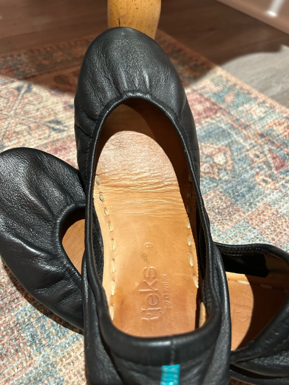 Tieks Black Leather Flats with Teal Accent Tabs - Picture 2 of 4